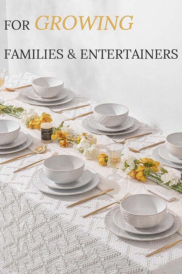 18 Piece Embossed Dinnerware Sets for 6, Scratch-Resistant Plates and Bowls Sets, Microwave & Dishwasher Safe, Elegant Stoneware for Family Gatherings – A Gift for Growing Households