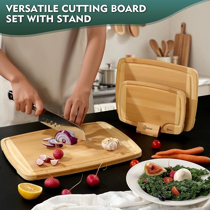 Bamboo Cutting Board Set 3 Packs with Non Slip Feet Holder and Over Sink Nice Solid Thick Durable Wood Cutting Boards for Kitchen Extra Large Big Small Vegetables and Fruits Kitchen Gifts