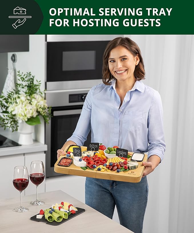 ROYAL CRAFT WOOD Extra Large Bamboo Charcuterie Boards - Large Charcuterie Board Set w/ 3 Sauce Bowls, 4 Knives & Slate Plate - Unique Cheese Board & Serving Tray - Ideal Housewarming Gift
