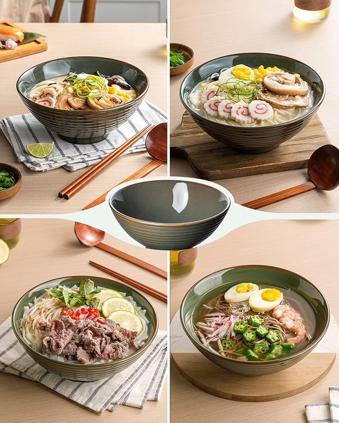 8 Inch 40oz Large Japanese Ramen Bowl Set of 2,Material Safety Ceramic Ramen Bowls with Matching Chopsticks and Spoons, Pho Bowls Ramen Noodle Bowl for Asian Udon Soup Salad Cereal(Retro Cyan)