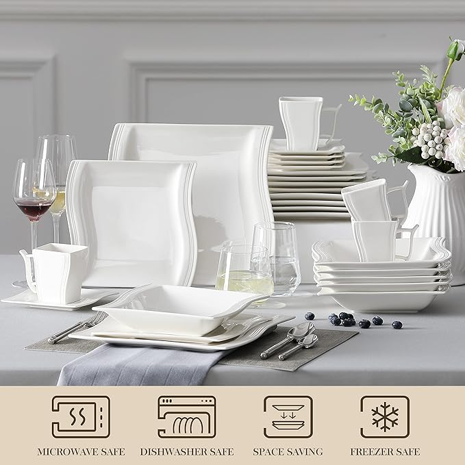 MALACASA Ivory White Dinnerware Sets, 30-Piece Porcelain Plates and Bowls Sets, Modern Dish Set for 6, Square Plates Dinnerware Set Kitchen Dishware Sets, Microwave and Dishwasher Safe, Series Flora