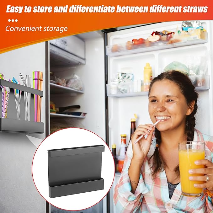 Magnetic Straw Organizer for Cabinet Door – Carbon Steel Straw Holder with Drain Holes, 4-Compartment Utensil Storage Rack for Reusable Straws, Spoons, and Coffee Bar Accessories