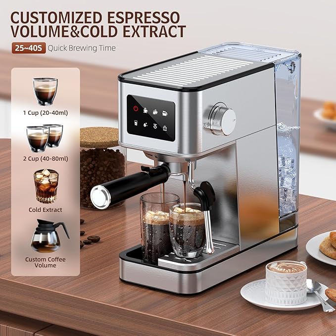 Espresso Machine with Milk Frother, 20 Bar Compact Coffee Machine with Touch Screen & 57.5oz Removable Water Tank for Home, Stainless Steel Espresso Maker for Cappuccino, Latte, Silver(updated)