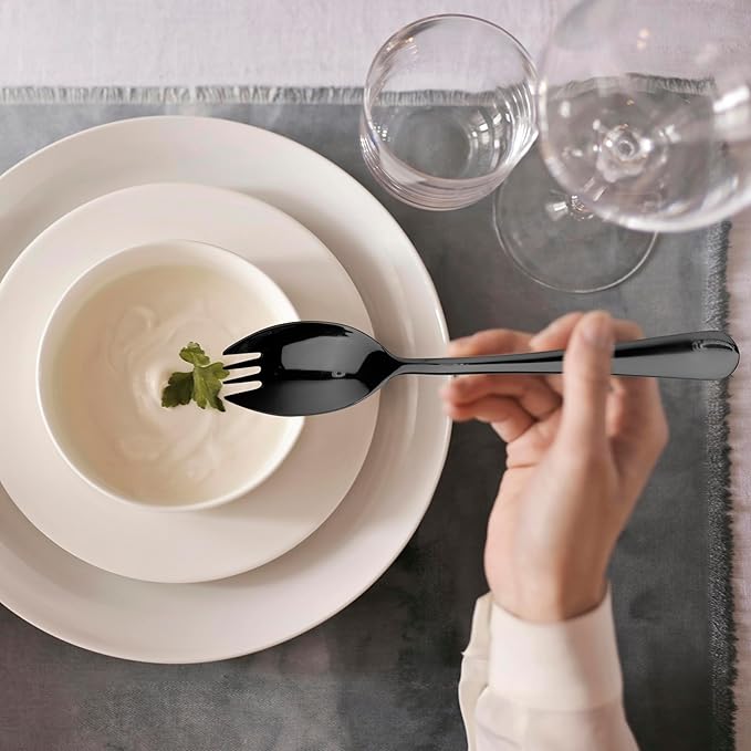 Alata Black Mirror Sporks 8-Pack Set Stainless Steel Sporks, 7.4 Inches Long Handle Salad Forks For Dessert, Ice Cream, Salad, Soup, Noodle, Spaghetti, Dishwasher Safe