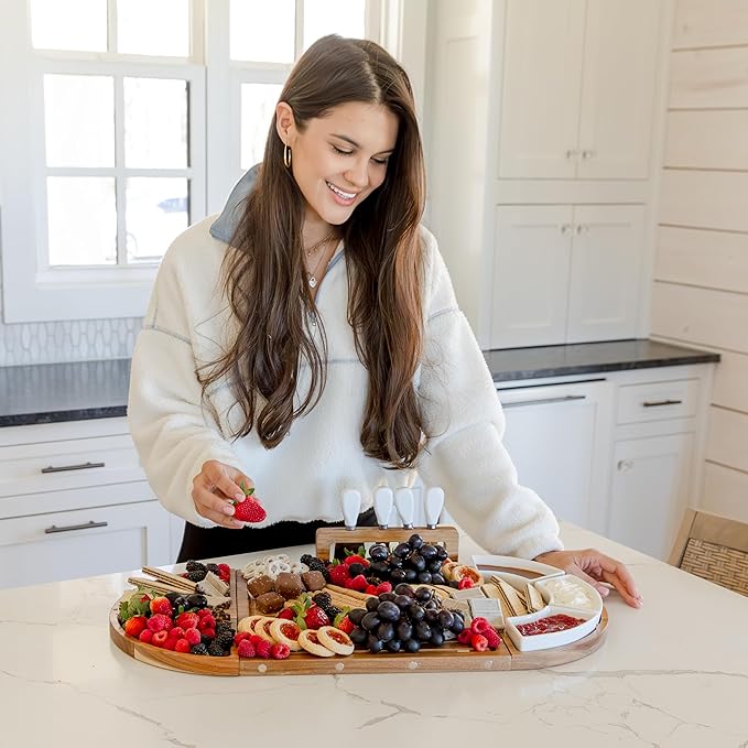 Large Wooden Charcuterie Board Set (Oil Finish) - 3-Piece Magnetic Long Serving Board Tray with Charcuterie Accessories - Acacia Wood Cheese Platter with Cheese Knife Set & Ceramic Dishes - Brown