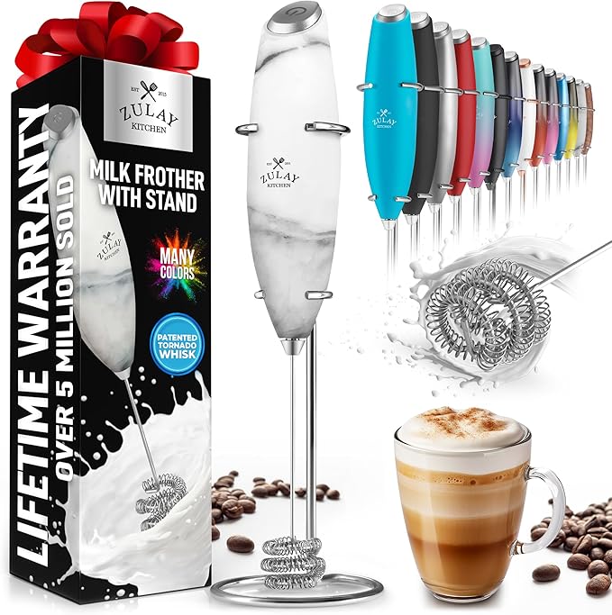 Zulay Kitchen Milk Frother with Patented Tornado Triple Whisk – Handheld Foam Maker for Coffee, Lattes, Matcha & Hot Chocolate – Rich, Creamy Froth in Seconds -