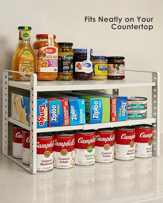 2-Tier Storage Rack Organizer for Foil Plastic Wrap Box Spice Bottle Seasoning Can Kitchen Countertop Pantry Desktop Cabinet Under Sink Coffee Station Organization Shelf Expandable Adjustable Metal