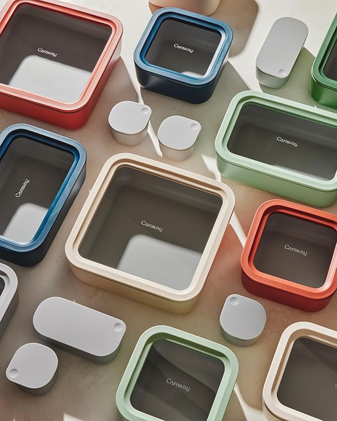 Caraway 14pc Glass Food Storage Container Set - Easy to Store, Non Toxic Lunch Box - with Glass Lids - Includes Storage Organizer & Dot & Dash Inserts - Mist