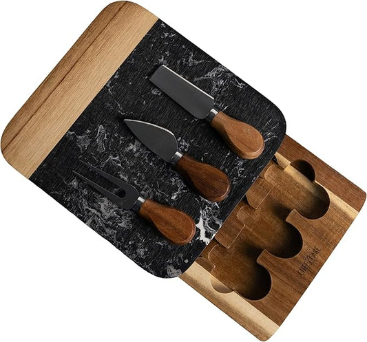 Marble Cheese Board - Acacia Wood Tray With 3-Knife Set - Charcuterie Board for 2-6 People - Great Gift for Weddings, Anniversary & Housewarming Parties - Black