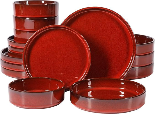 Bloomhouse Santorini Mist Double Bowl Terracotta Reactive Glaze Plates and Bowls Dinnerware Set - Garnet Red, Service for Four (16pcs)