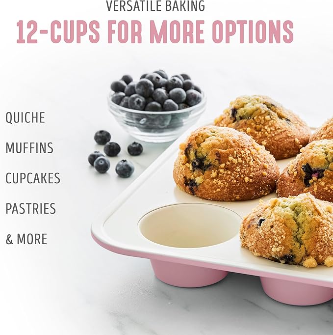 GreenLife 12-Cup Muffin Pan, Healthy Ceramic Nonstick Bakeware, PFOA & PFAS-Free Cupcake Sheet, Durable, Versatile Kitchen Essentials, Easy Clean Muffin Mold, Pink