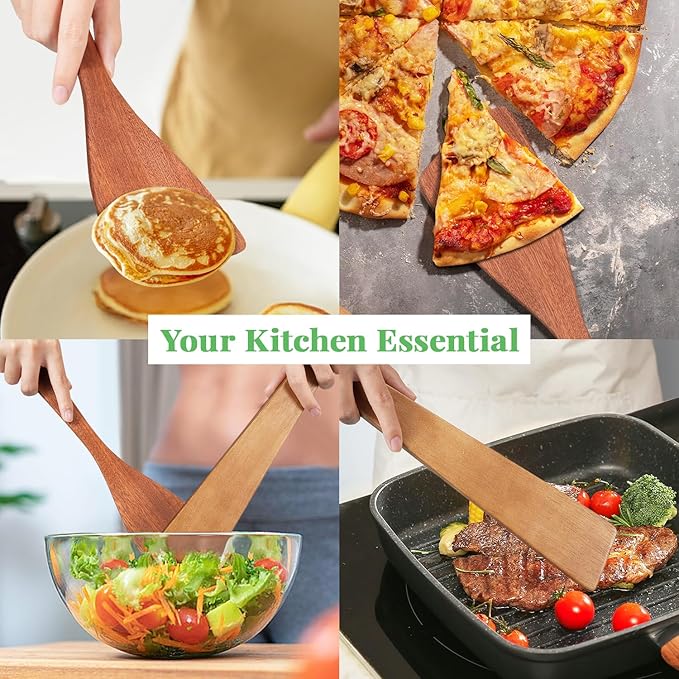 3Pcs Wooden Spatulas, 12inch Long Handle Flat Spatula Set for Nonstick Pans, Multipurpose Wooden Spoons for Cooking, Wood Cooking Utensil for Frying, Flipping, Scraping, and Turning