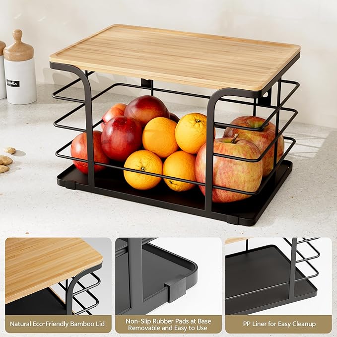 2 Pack Potato and Onion Storage Bin,Stackable Pantry Organizers and Storage with PP Liner and Bamboo Top,Kitchen Storage Organization Counter Basket for Fruits,Produce,Vegetable, Black