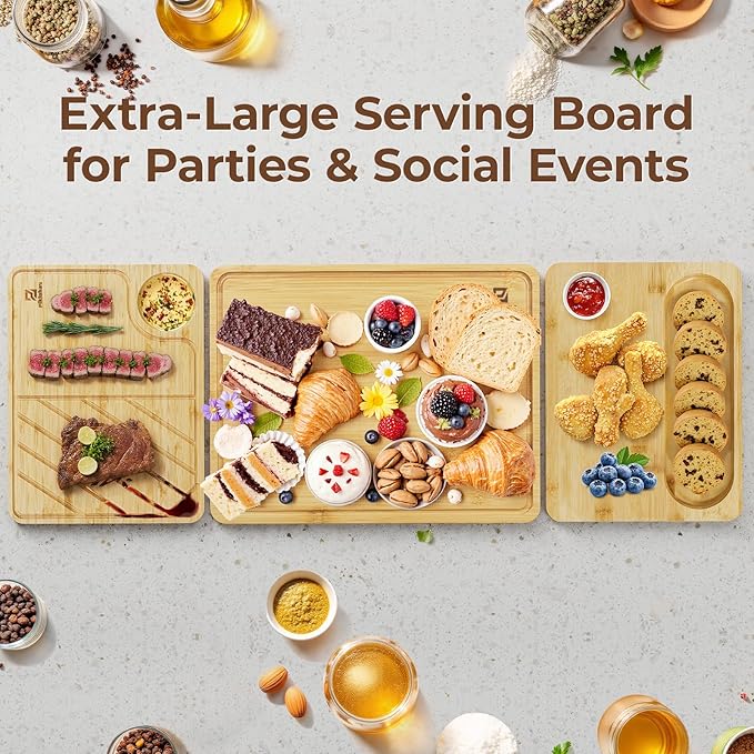 Large Bamboo Cutting Boards Set of 4 for Kitchen, Bamboo Charcuterie Chopping Board with Holder Non Slip, Steak Serving Tray with Juice Groove, Big Butcher Block for Cheese, Ideal for Gift