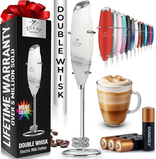 Zulay Kitchen Whisk Milk Frother with 4 Duracell Batteries - Powerful Handheld Foam Maker for Coffee, Lattes, Matcha, Hot Chocolate & Cappuccinos - Whip Creamy Froth in Seconds