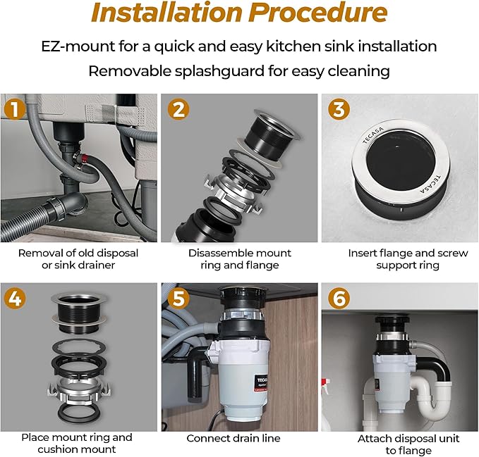 1/2 HP Garbage Disposals, TECASA Continuous Feed, Stainless Steel Food Waste Grinding System for Kitchen Sink Food Waste, Power Cord Included, UL Certified - HyperCrush 50