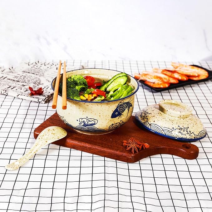 Ceramic Ramen Bowl Set, 800ml, with Lid, Spoon and Chopsticks, Japanese Vintage Large Soup Bowls Instant Noodle Bowl Asian Tableware (Fish*2)