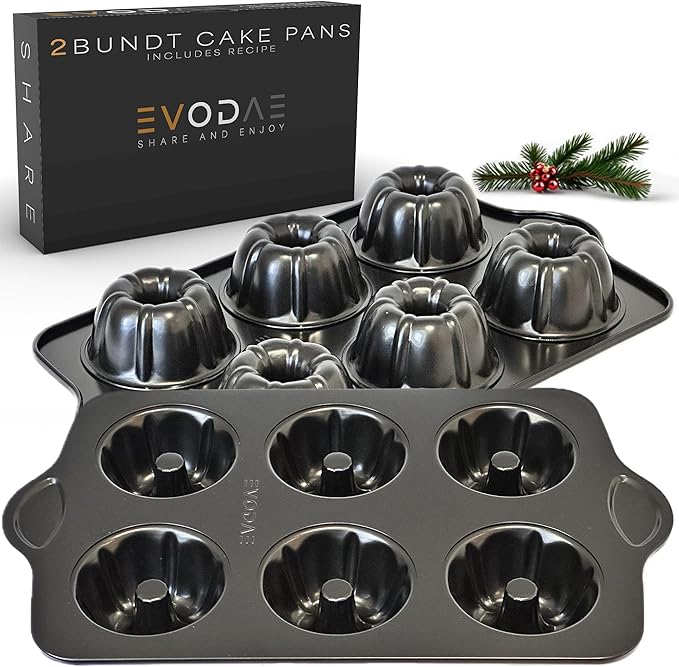 EVODAE® Mini Bundt Cake Pans in Holiday Gift Box – Set of 2, 12 Cup (2x6) Nonstick Black Carbon Steel – PFOA & PTFE Free – Perfect for Christmas Baking, Holiday Desserts & Winter Treats