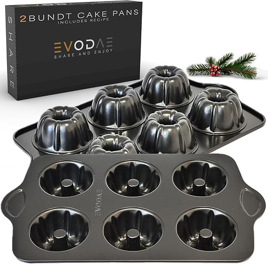 EVODAE® Mini Bundt Cake Pans in Holiday Gift Box – Set of 2, 12 Cup (2x6) Nonstick Black Carbon Steel – PFOA & PTFE Free – Perfect for Christmas Baking, Holiday Desserts & Winter Treats