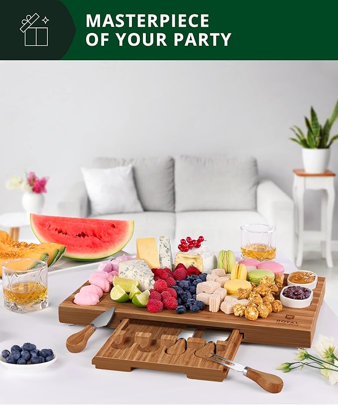 ROYAL CRAFT WOOD Bamboo Charcuterie Boards - Cheese Board Set with 2 Sauce Bowls, 4 Knives - Unique Charcuterie Board & Serving Tray - House Warming Gifts New Home Gifts