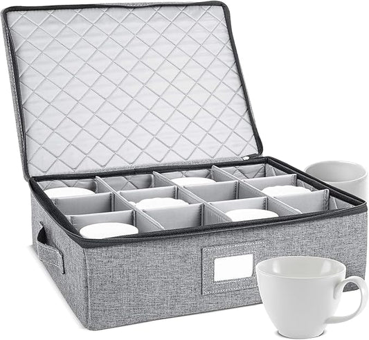 storageLAB Cup and Mug Storage Containers, Hard Shell Storage Case with Felt Dividers for Cups, Mugs, Dishes, and Glasses, Ideal for Kitchen Organizing and Moving Supplies - 1 Pack, Gray