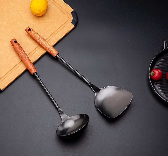 FJNATINH Spatula & Ladle Wok Tool Set, 14.2-15 inches Wok Utensils, Stainless Steel Wok Spatula