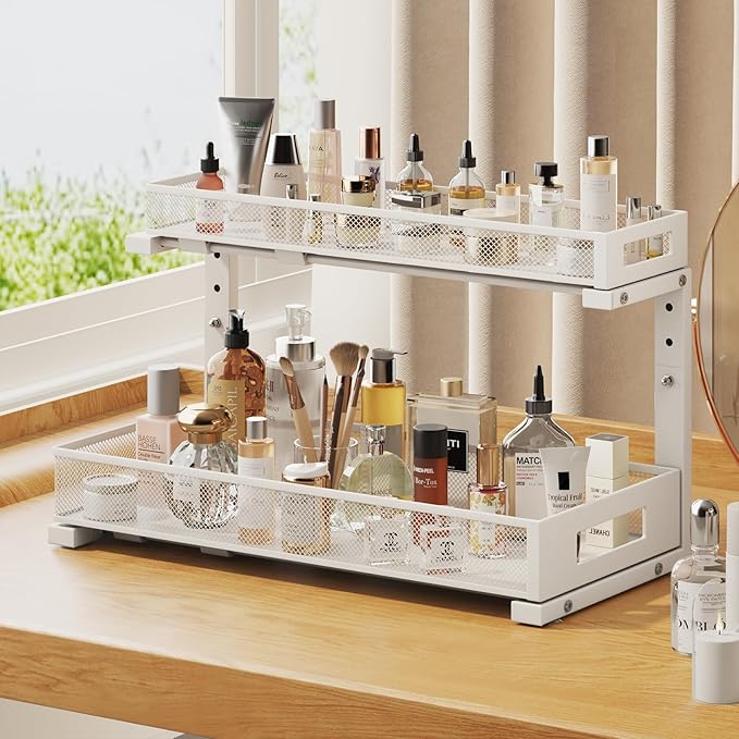 1 Pack 19IN Depth Under Sink Storage Organizer, Large 2-Tier Elegant Mesh Pull Out Shelf for Kitchen and Bathroom Cabinet Organization, L-Shaped and Adjustable Height Design-White