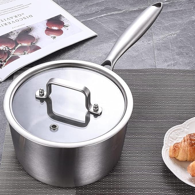 LOLYKITCH Whole Body Tri-Ply Stainless Steel Saucepan Set of 2,Induction Pots Set,Dia.16CM & 20CM Saucepans with Lids,Oven and Dishwasher Safe.（1.5QT & 3QT）
