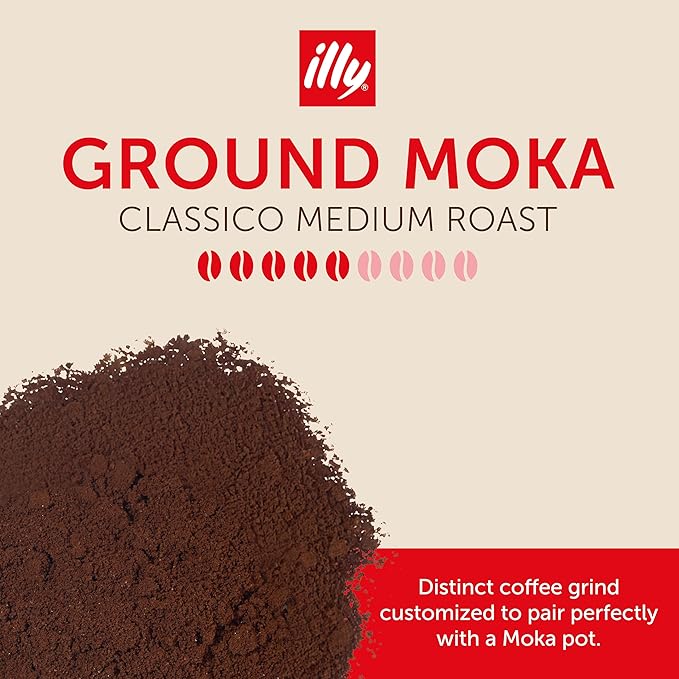 Illy Ground Moka Coffee - Classico Medium Roast - Mild & Balanced - 100% Arabica - Pre-Ground for Moka Pot - Pressurized Packaging Sealed for Freshness - 8.8oz (Pack of 6)