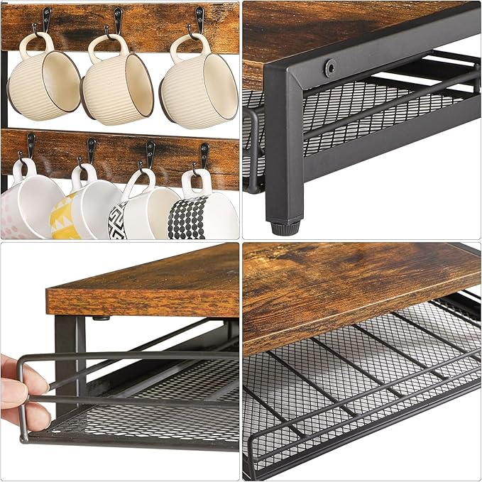 IBUYKE Coffee Pod Drawer, Rustic Coffee Mug Holder for Countertop, 8 Hooks and 35 Capsules Capacity, Coffee Station Organizer with Mug Hooks, Wood Mug Tree Holder for Kitchen Coffee Bar,TCJ003H