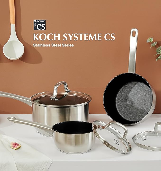 KOCH SYSTEME CS Stainless Steel Saucepan Set, 1QT & 2QT & 3QT Stainless Steel Sauce Pan with Nonstick Coating, Induticon Sauce Pan Sets with Lids, Easy to Clean, Oven Safe