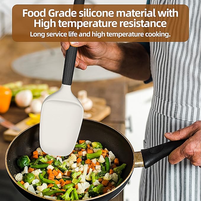 Wooden Handle Silicone Rubber Spatula Set for Kitchen Baking, Cooking, and Mixing High Heat Resistant Non Stick Dishwasher Safe BPA-Free Black+blue Set of 2 (Black Wooden Handle Spatula 4P)