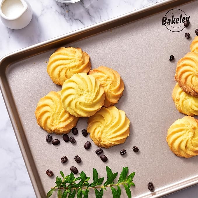 0.8mm 15-Inch Baking Sheet Pan, Non-Stick Carbon Steel Rimmed Cookie Sheet Pan for Oven Roasting Meat Bread Jelly Roll Battenberg Pizzas Pastries 15.6" x 10.6" x 0.96" (Champagne Gold)