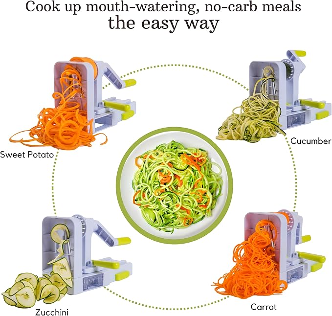 Brieftons QuickFold 5-Blade Spiralizer: Versatile & Compact Foldable Vegetable Spiral Slicer, Best Veggie Pasta Spaghetti Maker for Low Carb/Paleo/Gluten-Free with Brush & 4 Recipe Ebooks