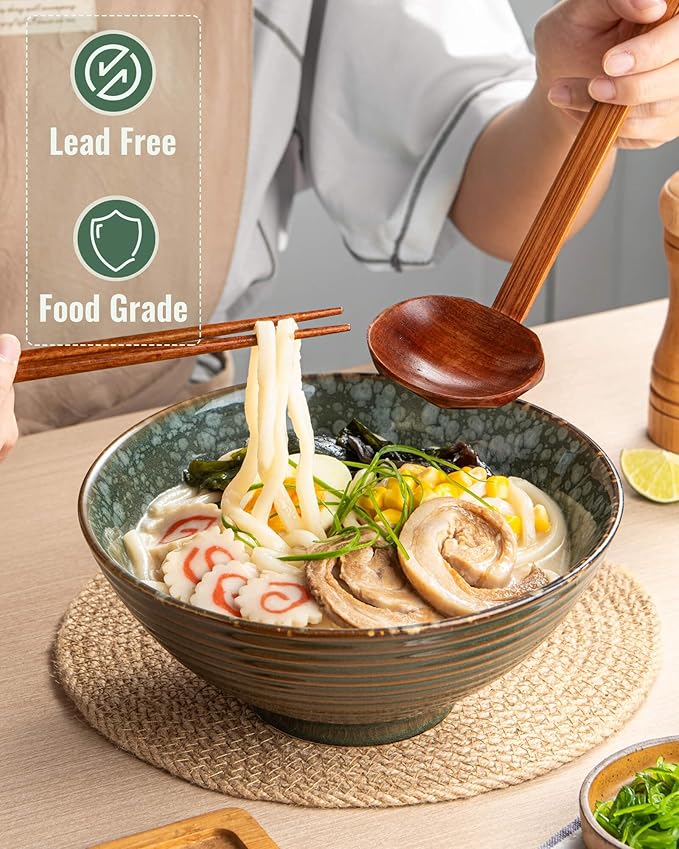 Large Japanese Ramen Bowl Set of 4, Material Safety Ceramic Ramen Bowls with Matching Chopsticks and Spoons, 8 Inch 40oz Pho Bowls Ramen Noodle Bowl for Asian Udon Soup Salad Cereal(Green)