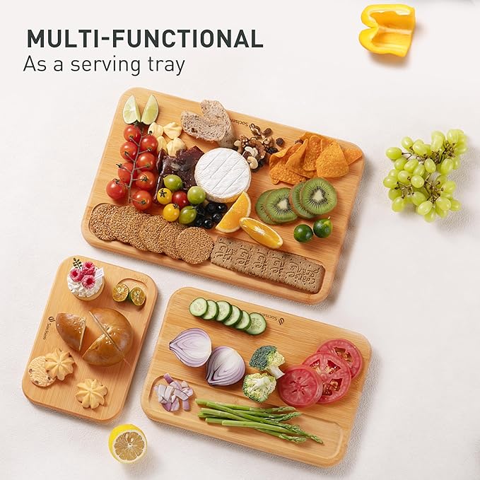 3 Packs Bamboo Cutting Board Set Non Toxic Wood Cutting Boards for Kitchen with Juice Grooves Built-in Handles, Ideal Charcuterie & Chopping for Meat Vegetables Fruits Kitchen Gift for Home Cooks