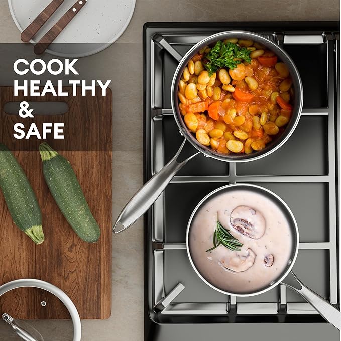 COOKER KING 2 Quart Stainless Steel Saucepan, Nonstick Sauce Pan, Ceramic Suce Pot with Tempered Glass Lid, Induction Pot Compatible with All Cooktops, Dishwasher & Oven Safe(PFAS/PFOA/PTFE Free)