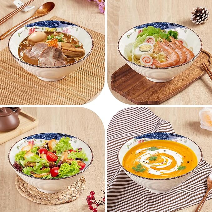 40 OZ ceramic ramen bowls, 8 IN large Japanese noodle soup bowl, match chopsticks and spoons, suitable for Pho, Udon Asian noodles (Colorful flowers)