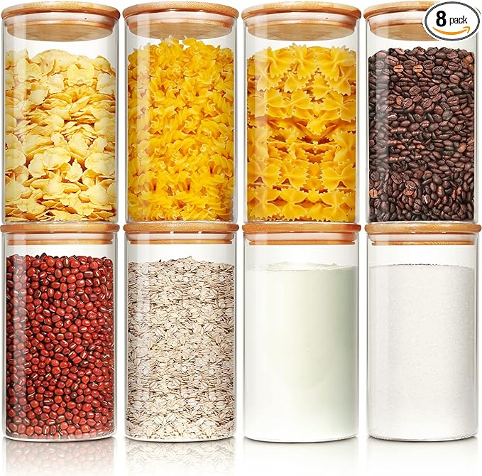 Glass Jars with Bamboo Lids 28 floz [Set of 8], Glass Canisters with Airtight Lids, Glass Food Storage Containers for Pasta, Oats, Coffee, Flour, Sugar, Rice, Best for Kitchen & Pantry