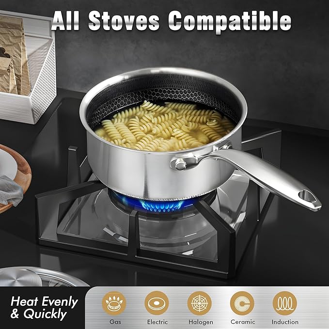 AuFranc™ Hybrid Nonstick 1 Quart Stainless Steel Saucepan with Glass Lid, Induction Sauce Pan with Honeycomb Carving, Non-stick Sauce Pot Compatible with All Cooktops, Dishwasher Safe, Non-Toxic