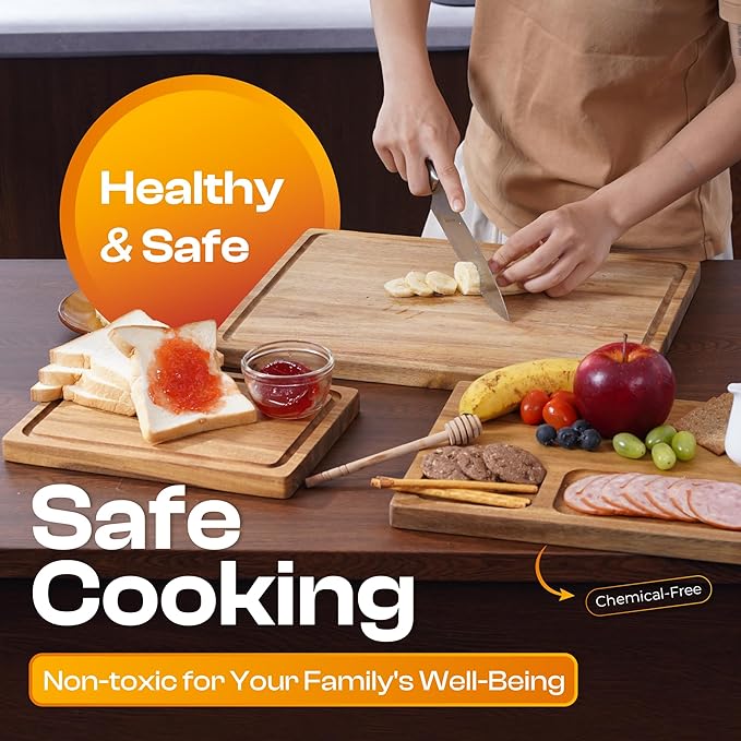 Premium Acacia Wood Cutting Board Set of 3 – Reversible Dual-Sided Boards for Chopping & Serving, 100% Natural Hardwood Butcher Blocks with Juice Groove, Multi-Size