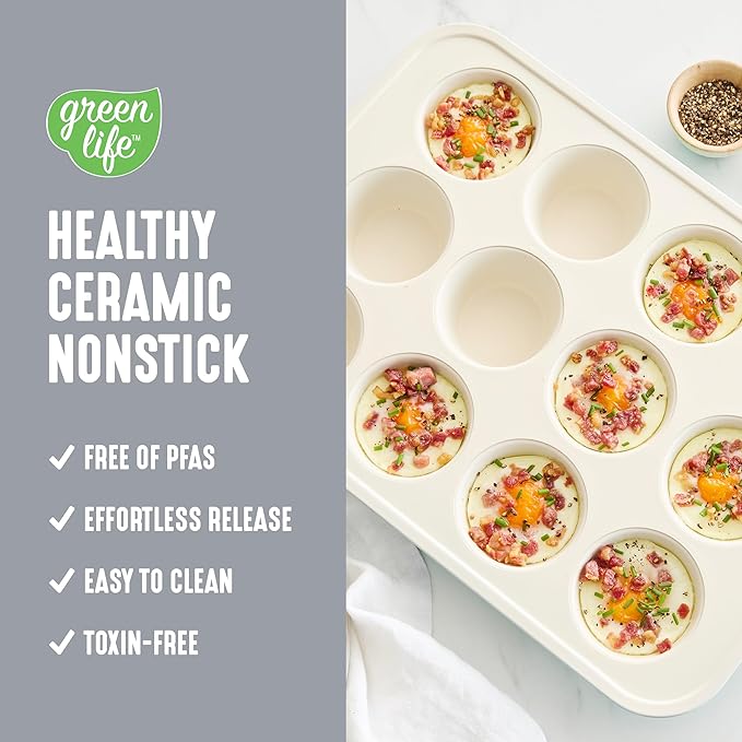 GreenLife 12-Cup Muffin Pan, Healthy Ceramic Nonstick Bakeware, PFOA & PFAS-Free Cupcake Sheet, Durable Baking Tray, Versatile Kitchen Essentials, Easy Clean Muffin Mold, Nonstick Baking Pan, Gray