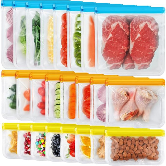 24 Pack Dishwasher Safe Reusable Silicone Bags - Leakproof Freezer Bags, BPA Free Food Storage for Lunch, Marinate, Travel - 8 Gallon, 8 Snack, 8 Sandwich Bags