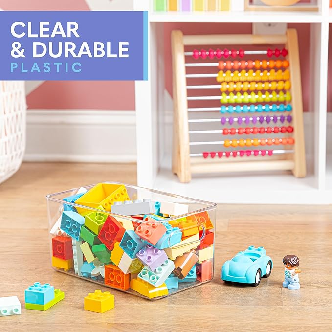 Plastic Food Storage 4 Pack Clear Container Bin with Handles for Organizing Kitchen, Pantry, Fridge, Freezer, Pantry,Bathroom. 10"x6"x5"