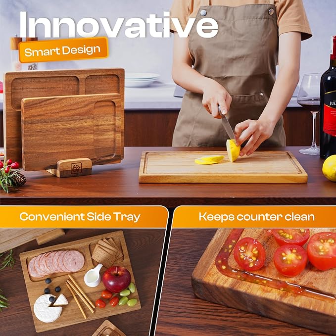Premium Acacia Wood Cutting Board Set of 3 – Reversible Dual-Sided Boards for Chopping & Serving, 100% Natural Hardwood Butcher Blocks with Juice Groove, Multi-Size
