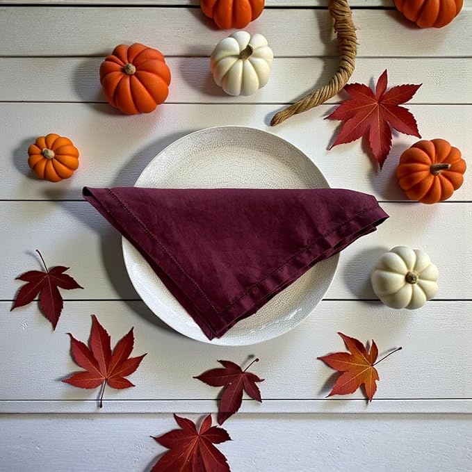 Hemstitched Linen Napkins – 20 Inch x 20 Inch – Stonewashed Pure Linen Cloth Dinner Napkins with Mitered Corners - 100% French Flax – Machine Washable - Set of 4 (Burgundy)