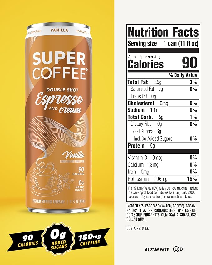 SUPER COFFEE Espresso, Iced Keto Coffee (0g Added Sugar, 90 Calories) [Vanilla] 11 Fl Oz, 12 Pack | Smart Coffee Drink - SoyFree GlutenFree