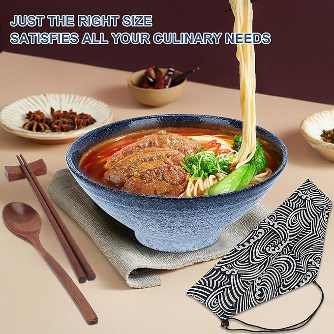 8 Inch Japanese Ramen Bowl Set, Ceramic Pho Bowls and Spoons Set of 2 with Chopsticks and Spoon for Ramen Soup Pho Udon Asian Noodles, Blue