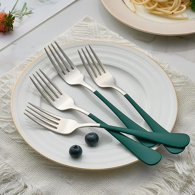 Green Dinner Fork, 18/0 Green handle Stainless Steel Satin Finish 8.1-inch Silverware Flatware Fork Set, Set of 12, Dishwasher SafG