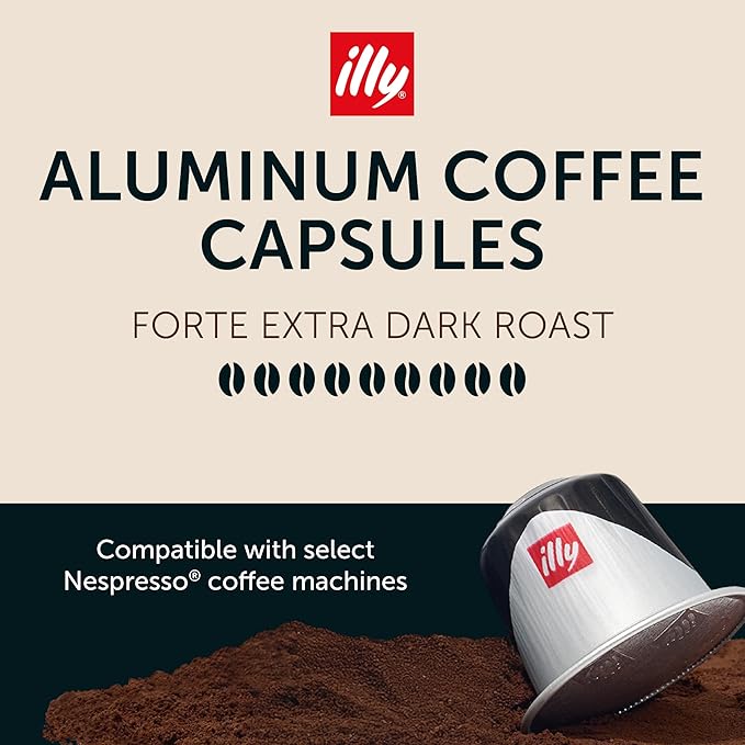illy Aluminum Espresso Capsules - Compatible with Nespresso Machines - Forte Extra Bold Roast Coffee- Rich & Strong Flavor - Notes of Dark Chocolate - Single Serve Capsules - 10 Count (Pack of 5)